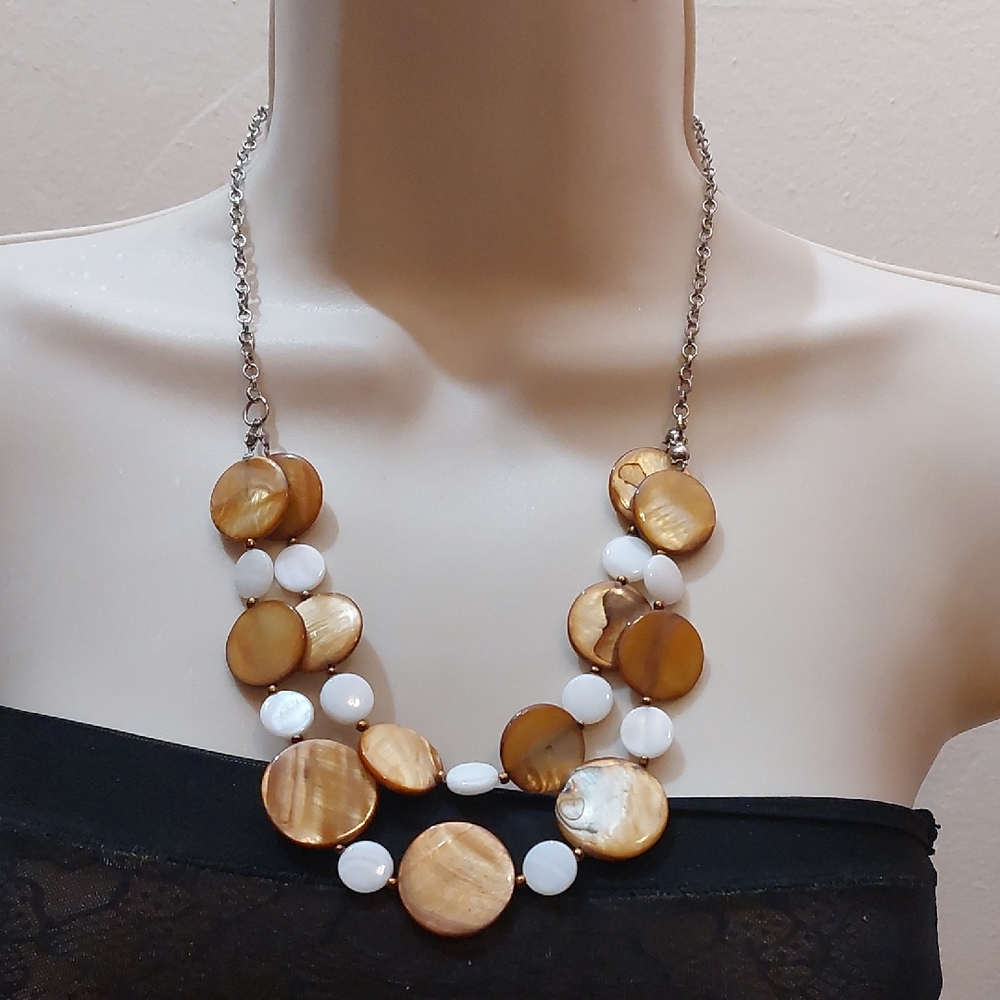 White and Brown Iridescent MOP Shell Double Layered Statement Necklace